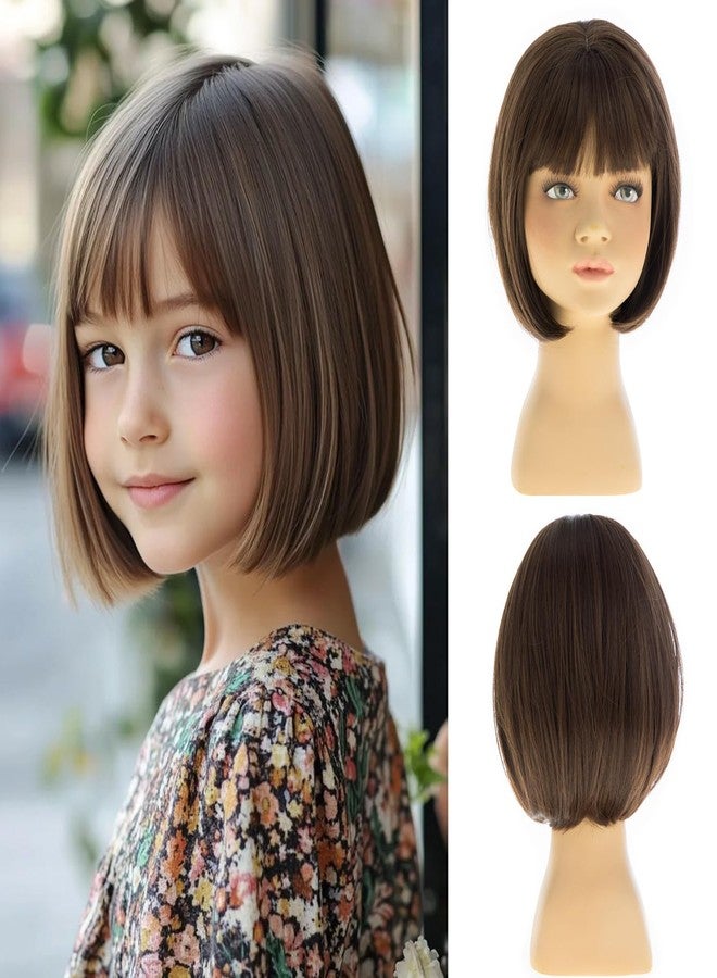 Dsimeig Short Brown Kids Wig Girls Straight Bob Wig with Bangs Synthetic Cosplay Halloween Costume Party Use - Image 1